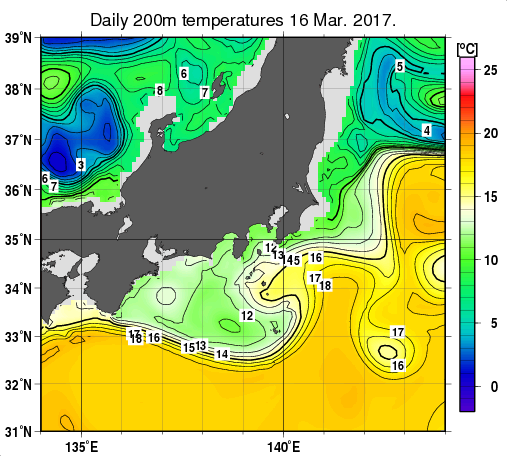 関東・東海・北陸周辺海域の深さ200mの水温分布図（3月16日）
