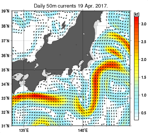 関東・東海・北陸周辺海域の深さ50mの海流分布図（4月19日）