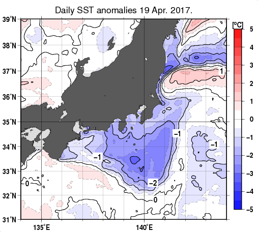 関東・東海・北陸周辺海域の海面水温平年差分布図（4月19日）