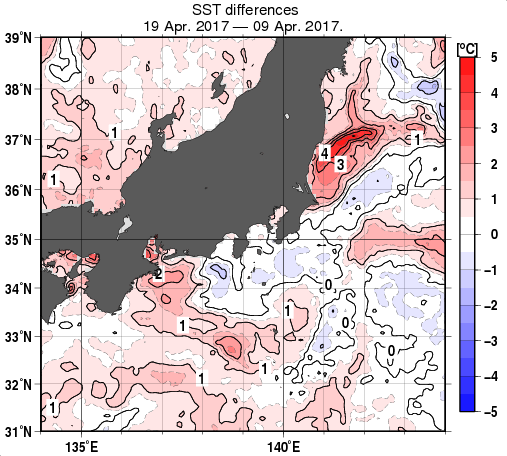関東・東海・北陸周辺海域の10日間の海面水温変化量分布図（4月19日）