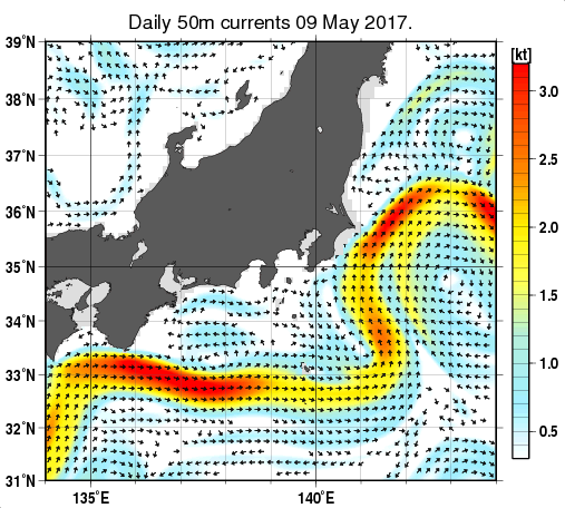 関東・東海・北陸周辺海域の深さ50mの海流分布図（5月9日）