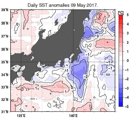 関東・東海・北陸周辺海域の海面水温平年差分布図（5月9日）