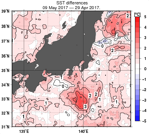 関東・東海・北陸周辺海域の10日間の海面水温変化量分布図（5月9日）
