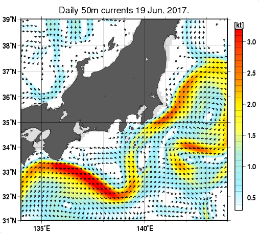 関東・東海・北陸周辺海域の深さ50mの海流分布図（6月19日）