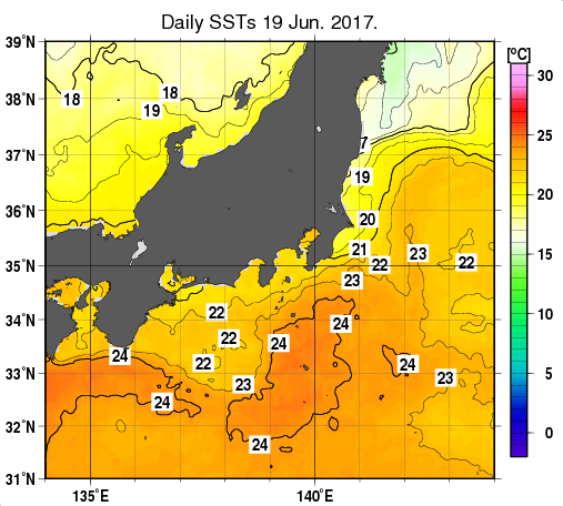 関東・東海・北陸周辺海域の海面水温分布図（6月19日）