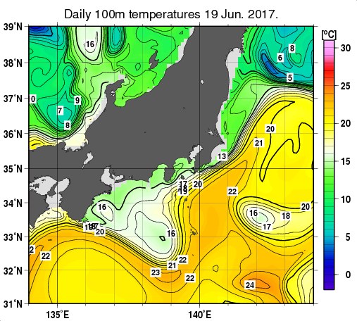 関東・東海・北陸周辺海域の深さ100mの水温分布図（6月19日）