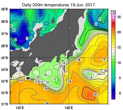 関東・東海・北陸周辺海域の深さ200mの水温分布図（6月19日）
