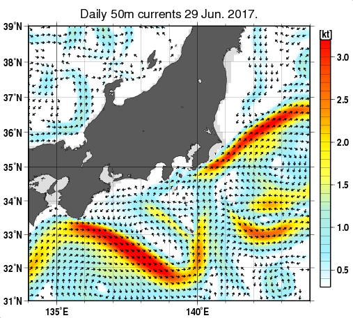 関東・東海・北陸周辺海域の深さ50mの海流分布図（6月29日）