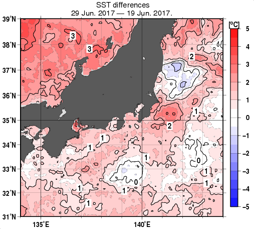 関東・東海・北陸周辺海域の10日間の海面水温変化量分布図（6月29日）