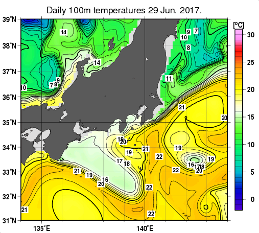 関東・東海・北陸周辺海域の深さ100mの水温分布図（6月29日）