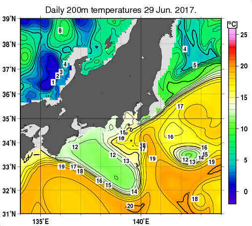 関東・東海・北陸周辺海域の深さ200mの水温分布図（6月29日）