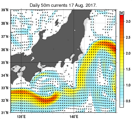 関東・東海・北陸周辺海域の深さ50mの海流分布図（8月17日）