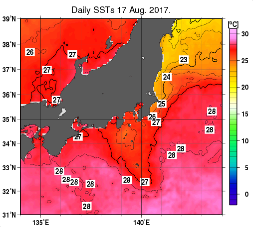 関東・東海・北陸周辺海域の海面水温分布図（8月17日）