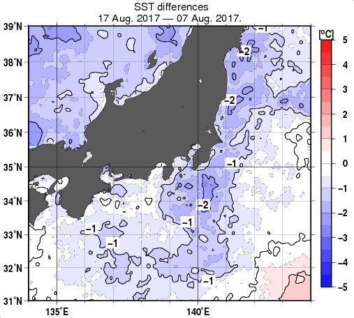 関東・東海・北陸周辺海域の10日間の海面水温変化量分布図（8月17日）