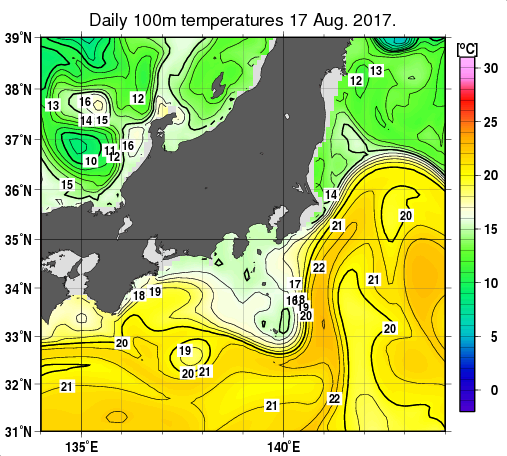 関東・東海・北陸周辺海域の深さ100mの水温分布図（8月17日）