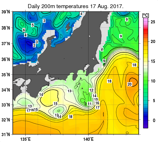 関東・東海・北陸周辺海域の深さ200mの水温分布図（8月17日）