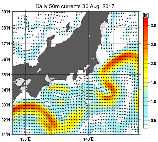 関東・東海・北陸周辺海域の深さ50mの海流分布図（8月30日）