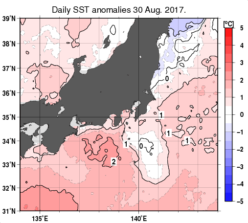 関東・東海・北陸周辺海域の海面水温平年差分布図（8月30日）