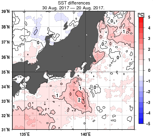 関東・東海・北陸周辺海域の10日間の海面水温変化量分布図（8月30日）
