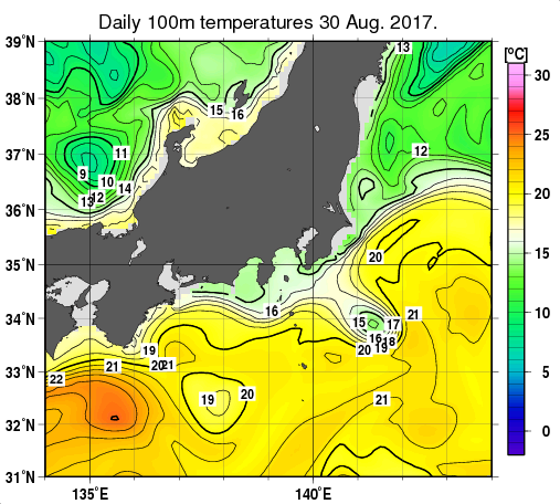 関東・東海・北陸周辺海域の深さ100mの水温分布図（8月30日）