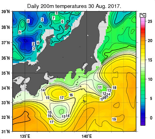 関東・東海・北陸周辺海域の深さ200mの水温分布図（8月30日）