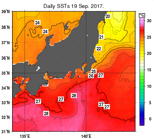 関東・東海・北陸周辺海域の海面水温分布図（9月19日）