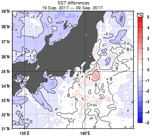 関東・東海・北陸周辺海域の10日間の海面水温変化量分布図（9月19日）