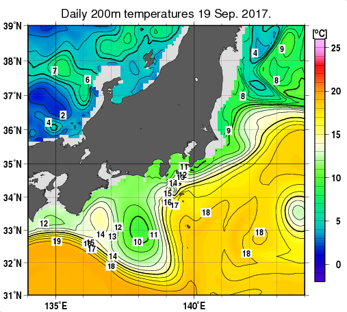 関東・東海・北陸周辺海域の深さ200mの水温分布図（9月19日）