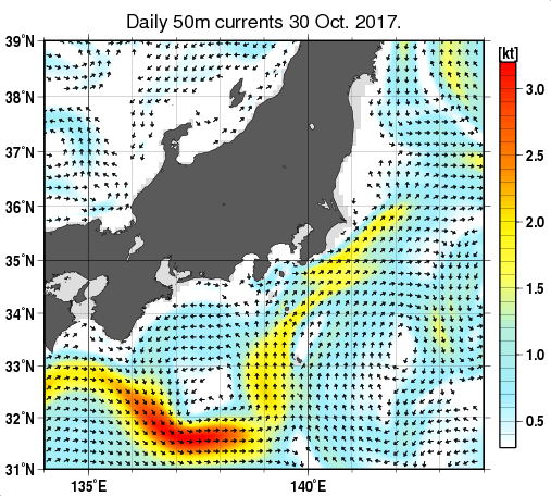 関東・東海・北陸周辺海域の深さ50mの海流分布図（10月30日）