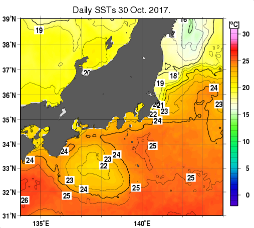 関東・東海・北陸周辺海域の海面水温分布図（10月30日）