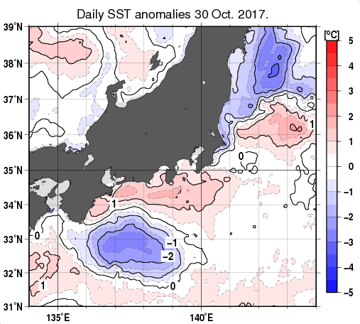 関東・東海・北陸周辺海域の海面水温平年差分布図（10月30日）