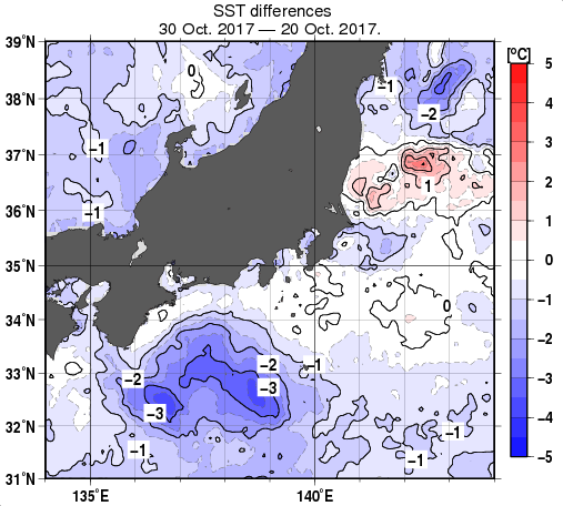 関東・東海・北陸周辺海域の10日間の海面水温変化量分布図（10月30日）