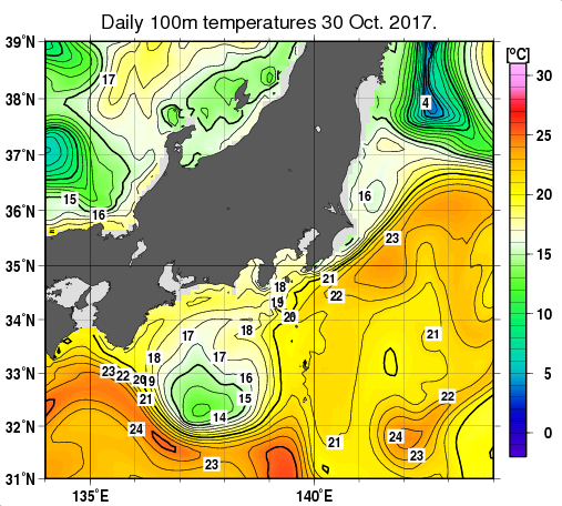 関東・東海・北陸周辺海域の深さ100mの水温分布図（10月30日）
