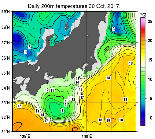 関東・東海・北陸周辺海域の深さ200mの水温分布図（10月30日）