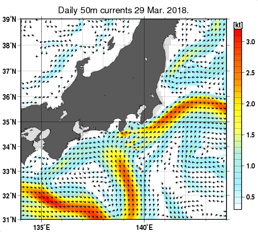関東・東海・北陸周辺海域の深さ50mの海流分布図（3月29日）