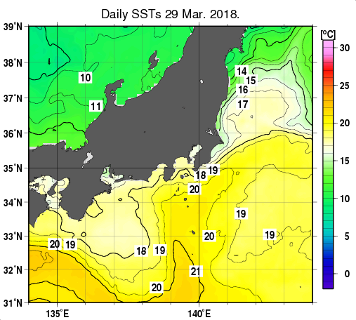 関東・東海・北陸周辺海域の海面水温分布図（3月29日）
