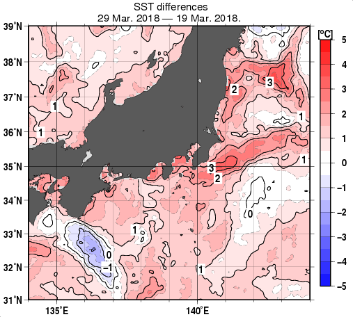 関東・東海・北陸周辺海域の10日間の海面水温変化量分布図（3月29日）