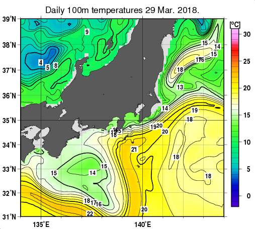 関東・東海・北陸周辺海域の深さ100mの水温分布図（3月29日）