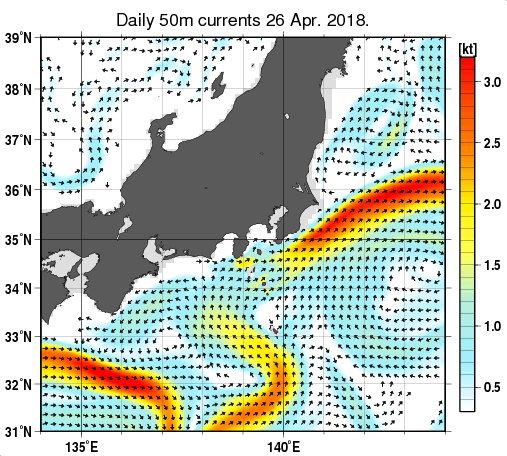 関東・東海・北陸周辺海域の深さ50mの海流分布図（4月26日）