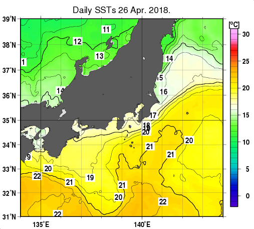関東・東海・北陸周辺海域の海面水温分布図（4月26日）