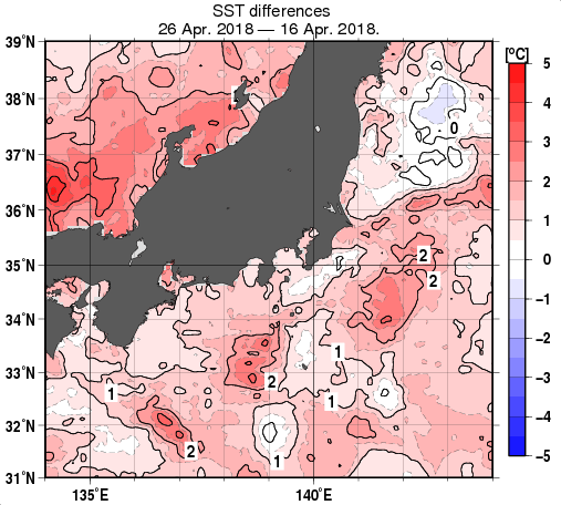 関東・東海・北陸周辺海域の10日間の海面水温変化量分布図（4月26日）