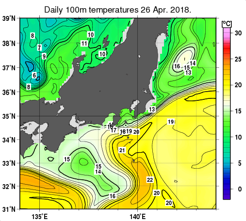 関東・東海・北陸周辺海域の深さ100mの水温分布図（4月26日）