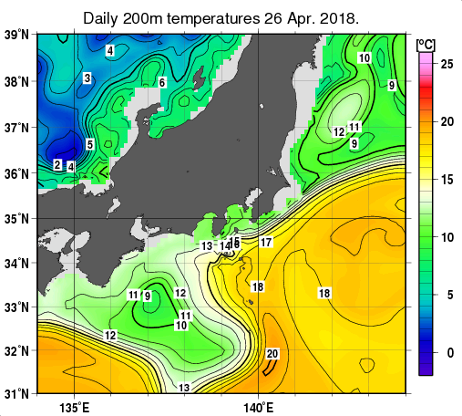 関東・東海・北陸周辺海域の深さ200mの水温分布図（4月26日）