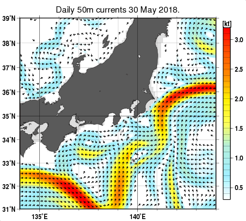 関東・東海・北陸周辺海域の深さ50mの海流分布図（5月30日）
