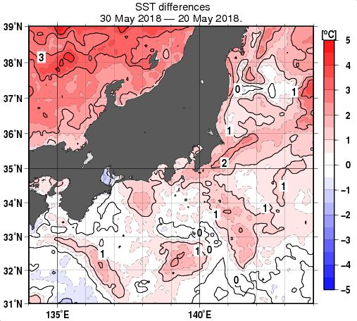 関東・東海・北陸周辺海域の10日間の海面水温変化量分布図（5月30日）