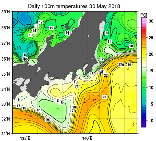 関東・東海・北陸周辺海域の深さ100mの水温分布図（5月30日）