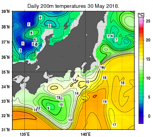関東・東海・北陸周辺海域の深さ200mの水温分布図（5月30日）