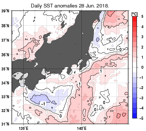 関東・東海・北陸周辺海域の海面水温平年差分布図（6月28日）