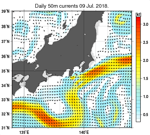 関東・東海・北陸周辺海域の深さ50mの海流分布図（7月9日）