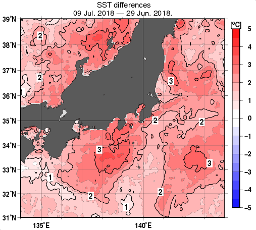 関東・東海・北陸周辺海域の10日間の海面水温変化量分布図（7月9日）